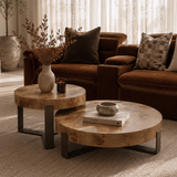 Crescent Side Table - Burl Wood Top & Brushed Bronze Legs