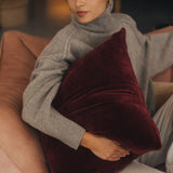 Linen/Velvet Square Cushion with Feather Insert - Burgundy