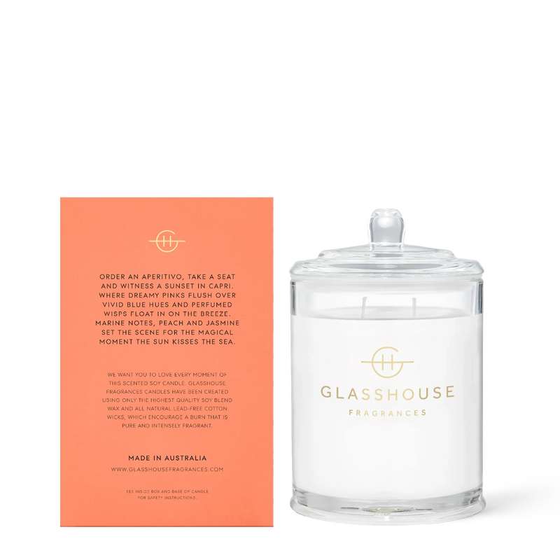 Glasshouse Sunsets in Capri 380g Candle - White Peach & Sea Breeze