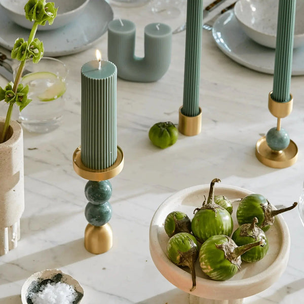 Beaded Fountain Large Brass Candle Holder - Green